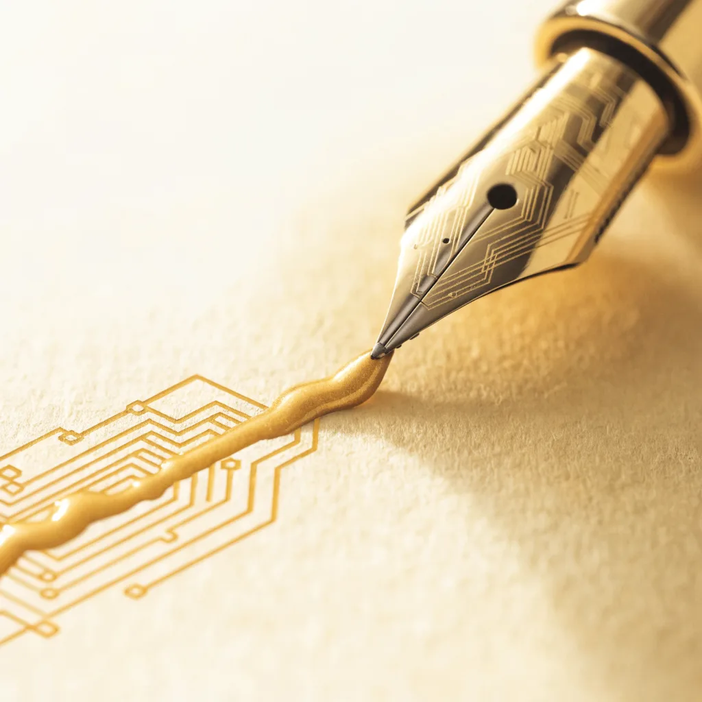 Fountain pen drawing a gold ink line that becomes fine circuit traces