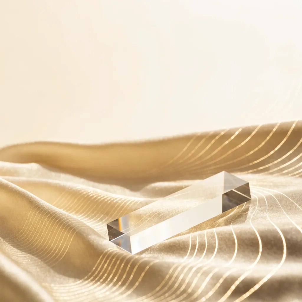 Crystal prism refracting fine gold light lines on cream silk