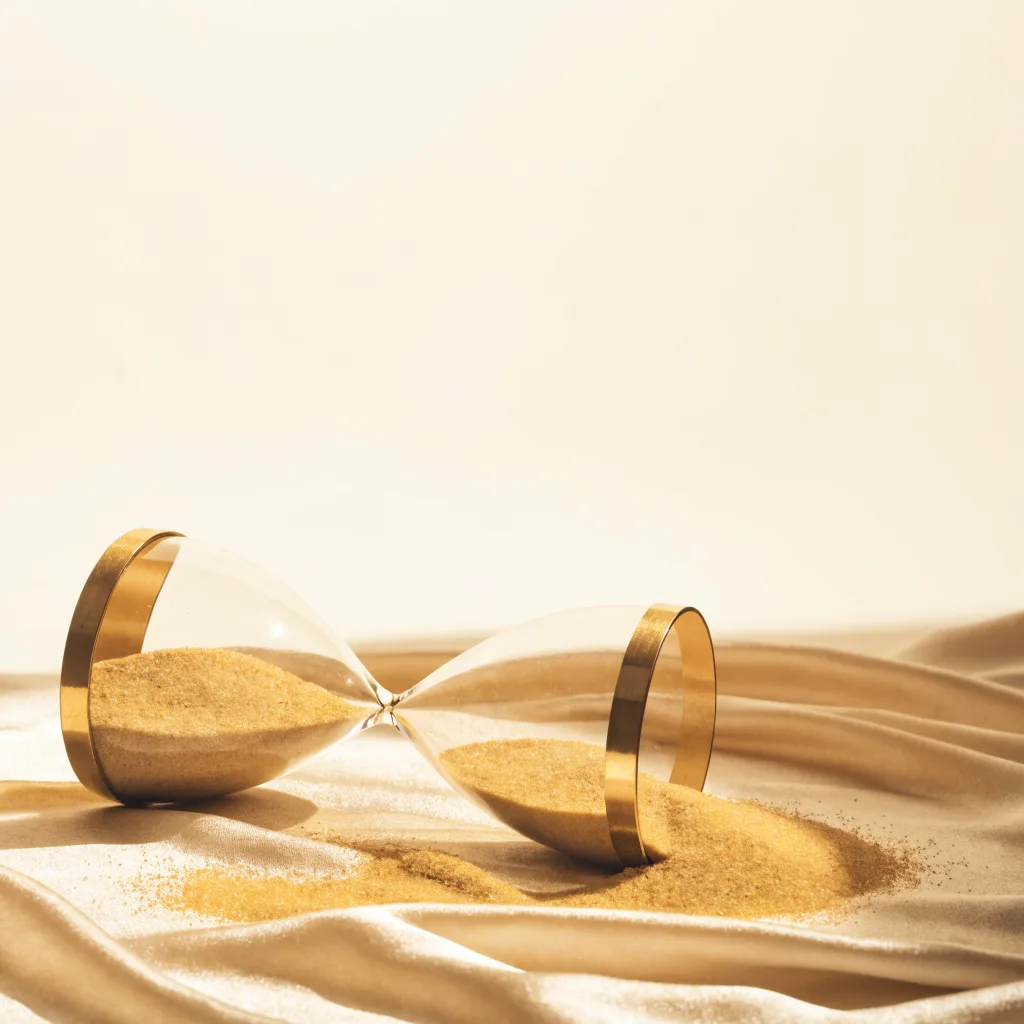 A gold hourglass tipped on its side, sand stopped mid-flow