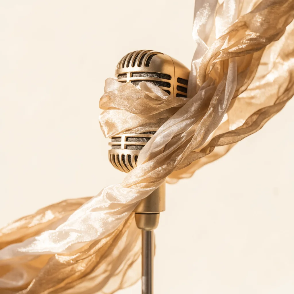 A vintage gold microphone muffled in draped cream silk