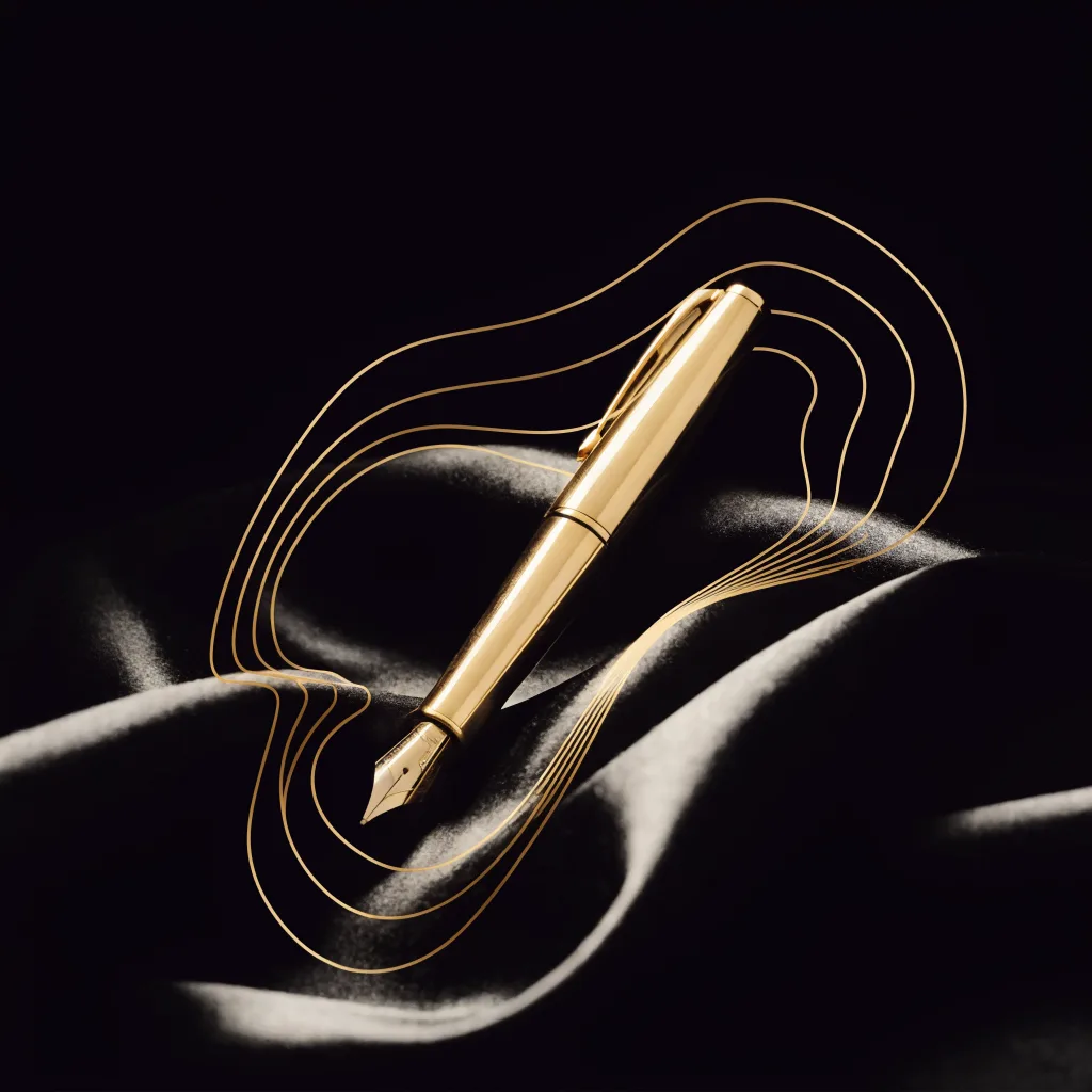 Gold fountain pen resting on black silk with glowing gold contour lines