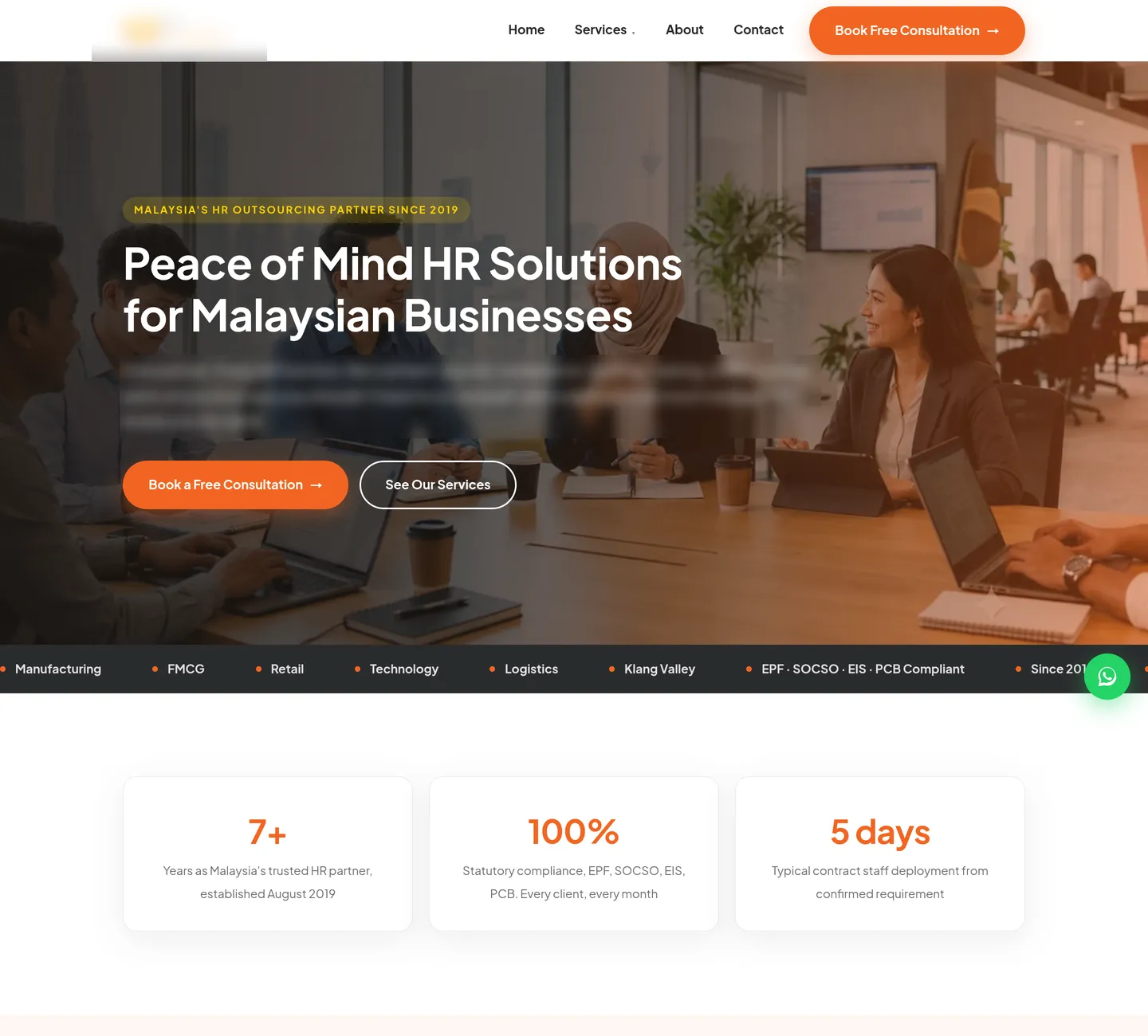 Landing page hero for a Malaysian HR-outsourcing firm: 'Peace of Mind HR Solutions for Malaysian Businesses' (client identity blurred)