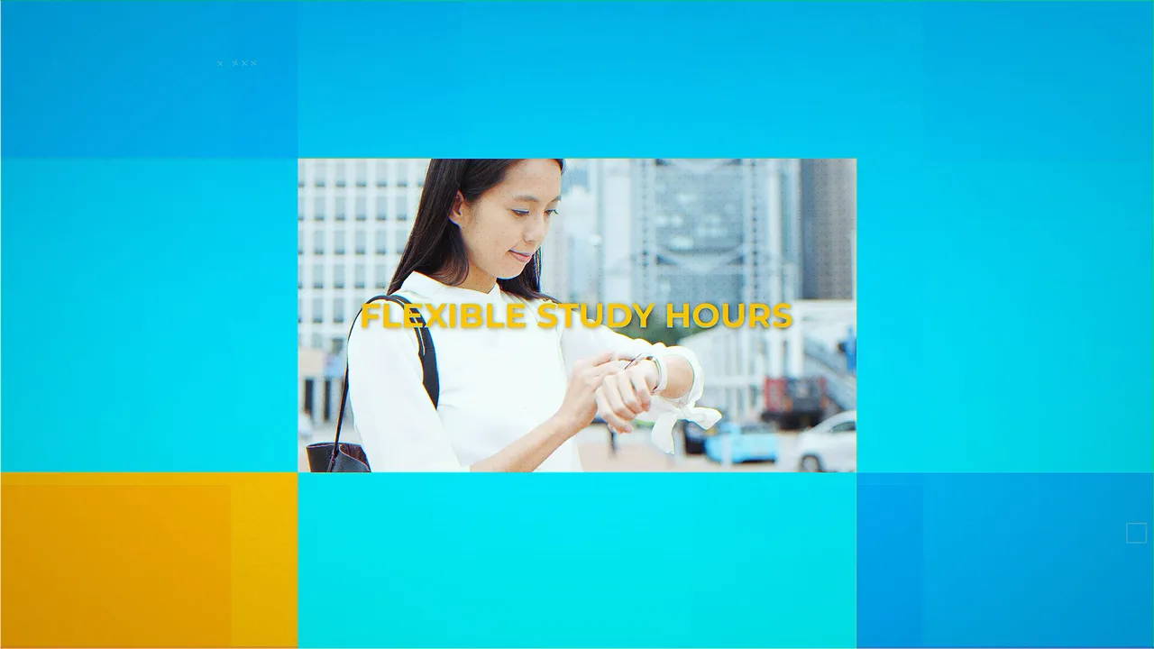 Frame from an education brand-awareness film titled 'Flexible study hours'
