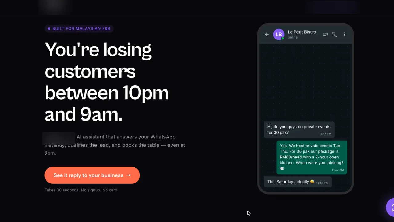 Product landing page for an AI WhatsApp assistant for restaurants (brand blurred)