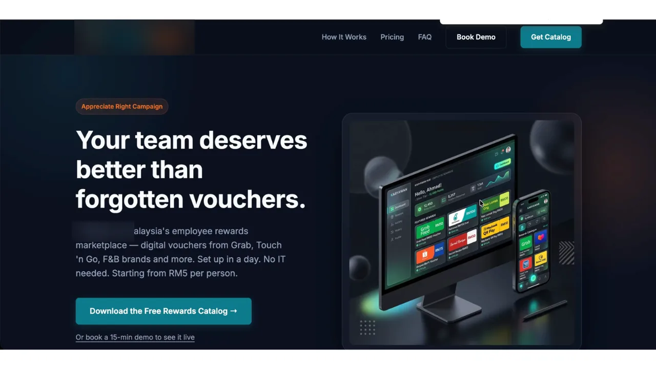 Landing page for an employee-rewards platform (brand blurred)